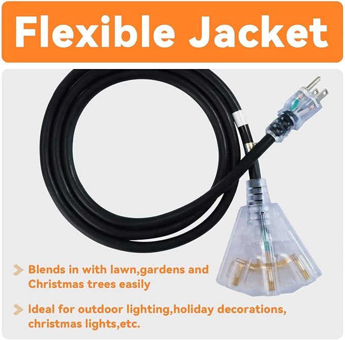 EP 6 Ft 12 Gauge Heavy Duty Extension Cord, 15A 125V 1875W, 3 Outlet Indoor/Outdoor Power Cord with Lighted End, 12/3 SJTW Weatherproof Black, UL Listed