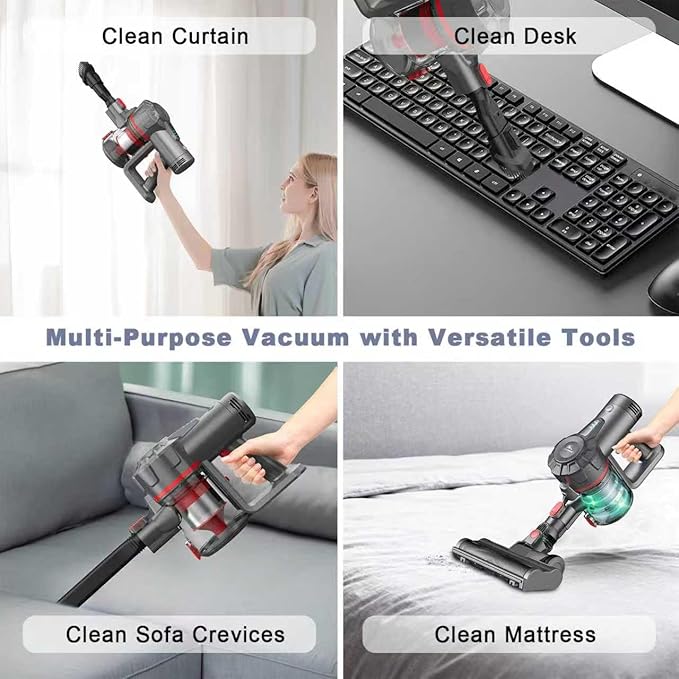 Cordless Vacuum Cleaner, 21Kpa Powerful Stick Vacuum for Home,3 Speeds Self-Standing Stick Vacuum with 45 Min Runtime, 6 in 1 Lightweight Handheld Wireless Vacuum for Pet Hair Carpet Hard Floors
