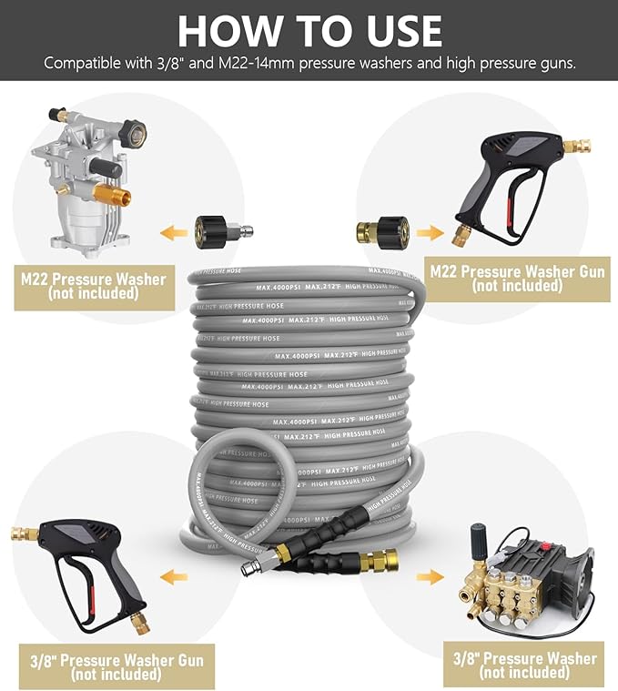 Pressure Washer Hose 100FT 4000 PSI, Kink Resistant Steel Braided Layer & NonMarking Rubber for Hot/Cold Water, High Power Washer Hose With 3/8 Inch Quick Connect & M22 Fitting, Gray