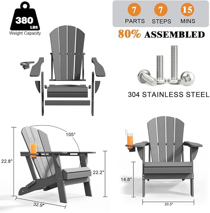 Folding Adirondack Chairs with Cup Holders, Set of 6 HDPE Plastic Outdoor Chairs, Weather Resistant, Real Wood Look, Heavy-Duty Patio Furniture for Deck, Fire Pit, Backyard, Gray
