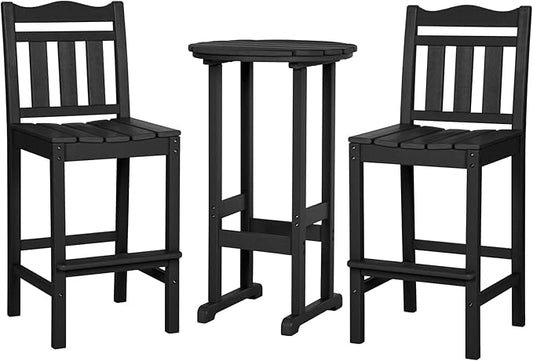 nalone Outdoor Bar Chairs and Table Set, HDPE Balcony Adirondack Chairs and Tables 3 Pieces Set, Outdoor Bar Stools for Garden, Yard, Backyard (Black, Bar Chairs with Table)