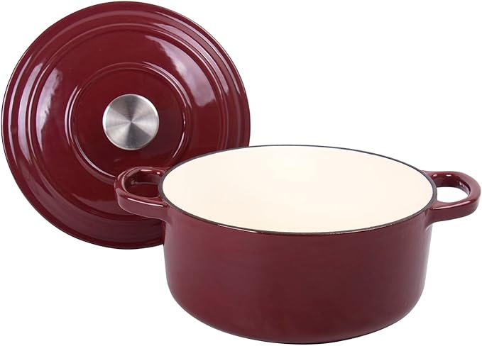 Commercial Grade, Cast Iron Enameled Cookware (Dark Red, Duch Oven 6qt)