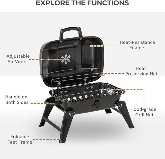 14" Portable Charcoal Grill for Outdoor Cooking, Tabletop BBQ Grill with Enamel Coating & Folding Legs,Compact Camping Grill for Tailgating, Picnics (Lightweight 8 Lbs, Black)