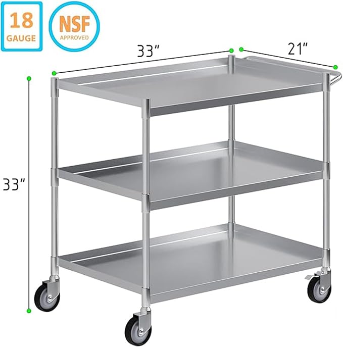 3 Shelf Stainless Steel Tubular Utility Cart | Metal Utility Cart on Wheels with Handle | NSF Certified | (21" Wide X 33" Long X 33" High)