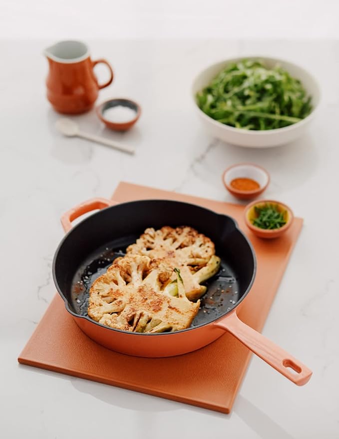 Milo by Kana 10-Inch Enameled Cast Iron Skillet | Nonstick Pre-Seasoned Cast Iron Grill Pan | Oven Proof and Dishwasher Safe | Cast Iron Cookware (Fresh Terracotta)