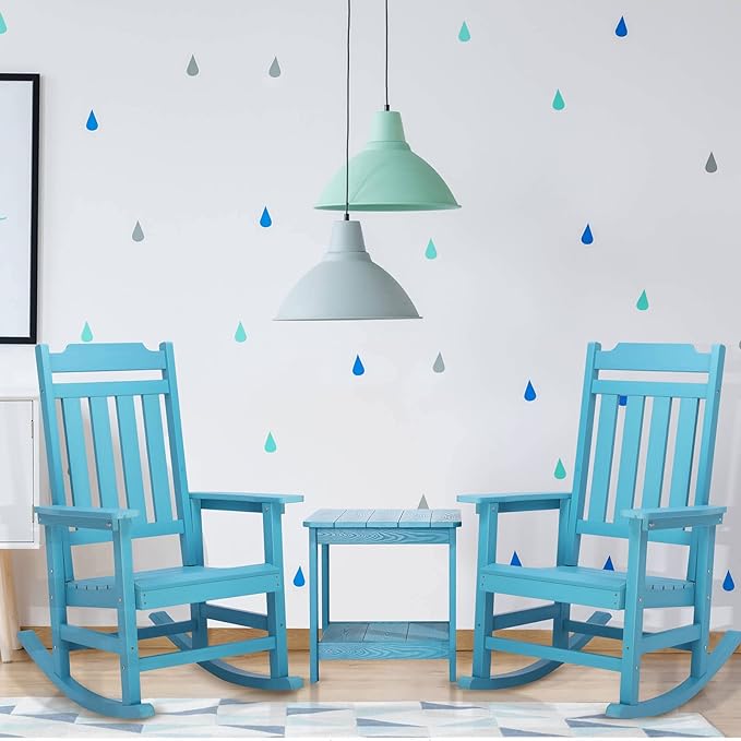 Rocking Chairs Set of 4, All Weather Resistant Poly Lumber Outdoor Porch Rocker, Rocking Chairs for Outdoor, Indoor, Patio, Deck, Garden, Backyard, Load Bearing 380 lbs - Lake Blue