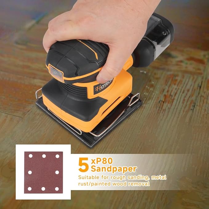 Hoteche 240W 110x100mm Palm Sander – Powerful Orbital Electric Sander with Dust Collection Box, Ergonomic Grip, Variable Speed for Wood, Metal, Paint Surface Finishing