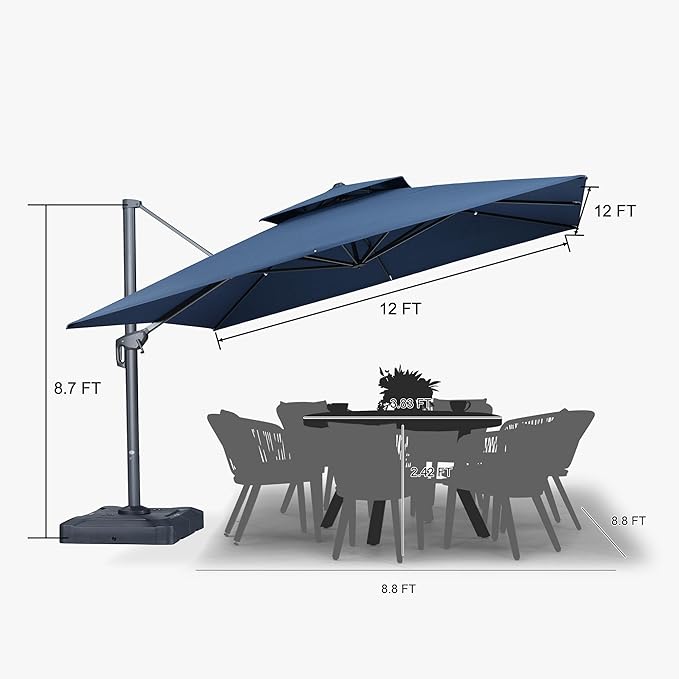 PURPLE LEAF 12 FT Cantilever Umbrella Outdoor Patio Umbrella, Large Offset Square Umbrella, Windproof Heavy Duty Hanging Outside for Patio, Ocean Slate