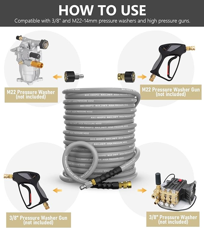 3/8" Pressure Washer Hose 100FT 4800 PSI, Kink Resistant Steel Braided Layer & NonMarking Rubber for Hot/Cold Water, High Power Washer Hose With 3/8 Inch Quick Connect & M22 Fitting, Gray