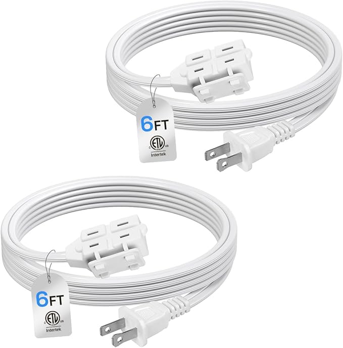 BN-LINK 6 ft 3 Outlet Indoor Extension Cord 16/2 SPT-2, 2 Pack White, 2 Prong Polarized Plug, Household Power Cord for Home, Office, and Holiday Decorations