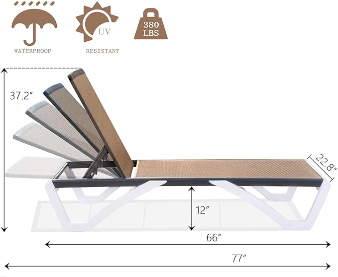 Domi Pool Lounge Chair Aluminum Adjustable Outdoor Chaise Lounge,All Weather Plastic Poolside Lounge Chair with Table for Deck Lawn Backyard, Brown Textilene