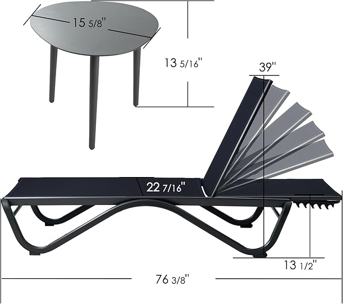 Kozyard Patio Chaise Lounge Chair Set Full Alumium Outdoor Reclining Adjustable Chair Flat Poolside Lounge Chairs for Sunbathing, Patio, Beach 2NavyBlue Textilene W/Table