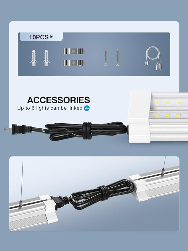 Super Bright Upgrade 60W 4' LED Shop Lights 4FT 6 Pack| 9000LM 5000K 48 inch Linkable Ceiling Lighting LED Garage Lights With Plug in For Garage Lighting,Barns,Attics,Utility Room,Shed,Tool Room