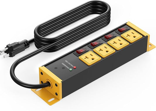CCCEI Heavy Duty Surge Protector Power Strip 20 Amp Individual Switches. 25FT 12 Gauge Extension Cord with Multiple Outlets. Kitchen, Garage, Shop, Industrial Wall Mount Electric Extender, Yellow.