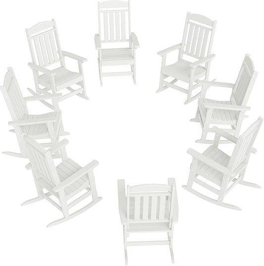 FOOWIN Outdoor Rocking Chair Set of 8, High Back Patio Rocking Chair, HDPE All Weather Resistant Porch Rocker for Adult, Oversized Rocking Chairs for Garden, Lawn, Indoor & Outdoor Use, White
