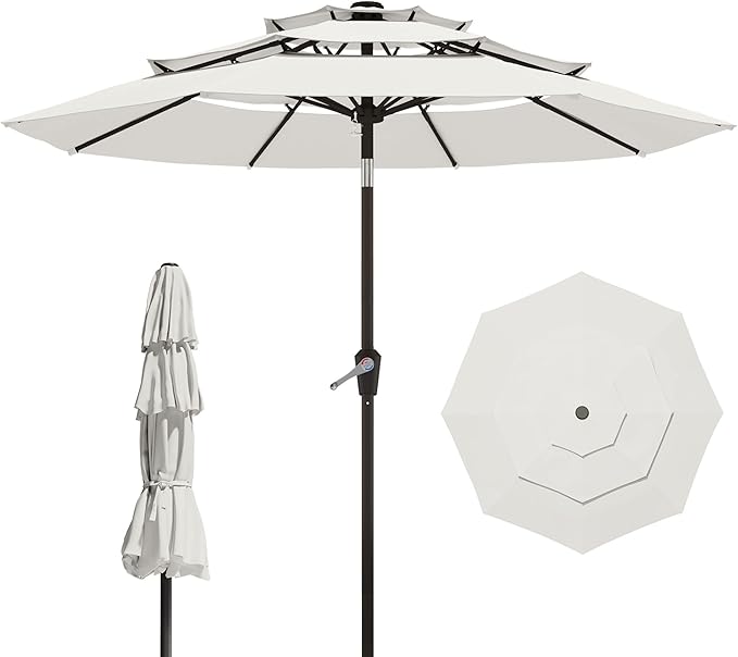 9FT 3 Tiers Patio Umbrella With Auto Tilt and Crank, Outdoor Table Market Umbrella with 8 Sturdy Ribs for Garden, Lawn, Deck, Backyard and Pool, Creamy-white