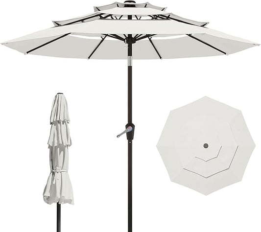 9FT 3 Tiers Patio Umbrella With Auto Tilt and Crank, Outdoor Table Market Umbrella with 8 Sturdy Ribs for Garden, Lawn, Deck, Backyard and Pool, Creamy-white