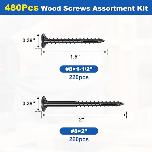 480Pcs Deck Screws, #8 Wood Screws Assortment Kit, 2Sizes Screws Set (1-1/2", 2"), Rust Resistant Torx Screws with Flat Head, Black Screw Kit for Woodworking Projects, Star Bit Included