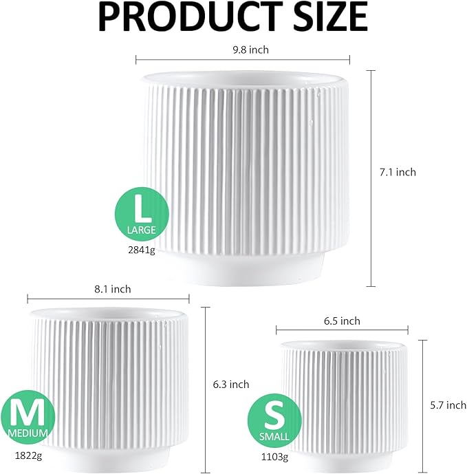 OXART Large Plant Pot, 10/8/6 Ceramic Pots for Plants with Drainage, 3 Piece Planters for Indoor Plants, Home Garden Flower Pots for Outdoor Cacti, Succulents, Snakes, and Pothos, White
