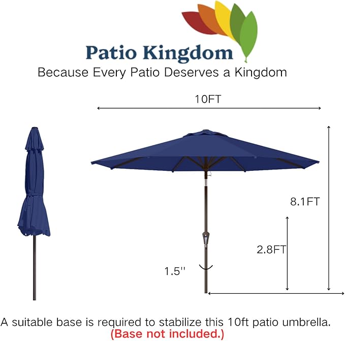 10FT Patio Umbrella Outdoor Market Umbrella with Crank and Tilt, 8 Flexible Fiberglass Ribs, UV-Resistant Waterproof Canopy for Patio, Deck, Garden, Backyard, Navy Blue