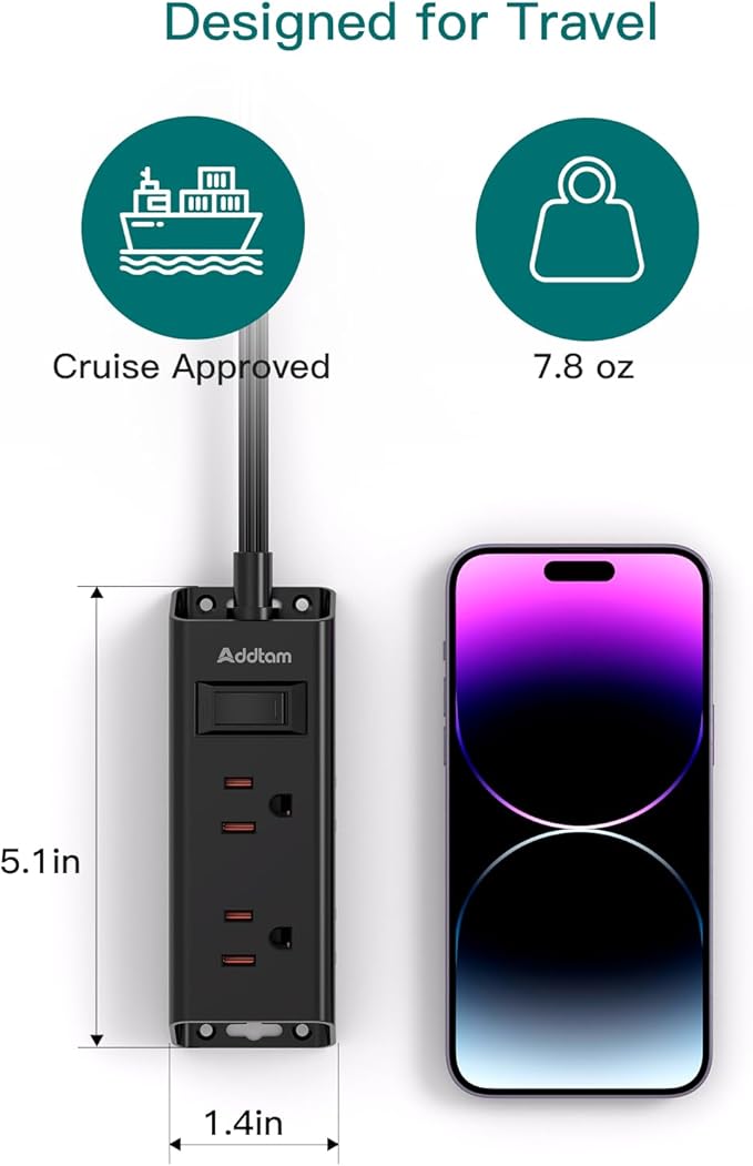 Cruise Ship Essentials, Flat Plug Power Strip, Addtam 3FT Ultra Flat Extension Cord with 6 Outlets Extender, No Surge Protector for Cruise Ship, Travel, Dorm, Home Office, Black
