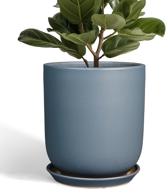 10 Inch Plant Pot - Ceramic Pot for Indoor Plants Outdoor Planter Large Flower Pot with Drainage Hole and Saucer Cylinder Gray