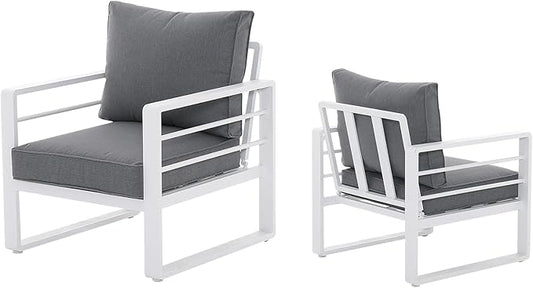 Patiorama Aluminum Patio Furniture Set, 2 PCS Outdoor Armchairs Single Sofa Couch, All Weather White Metal Chair with Olefin Cushion, Deep Seating, 300 lbs Capacity, Deck, Garden-Grey Cushion
