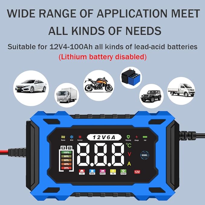 12V 6A Smart Battery Charger - Automotive Car/Motorcycle 12V Lead-Acid Battery Charger with LCD, Pulse Repair & Overcharge Protection