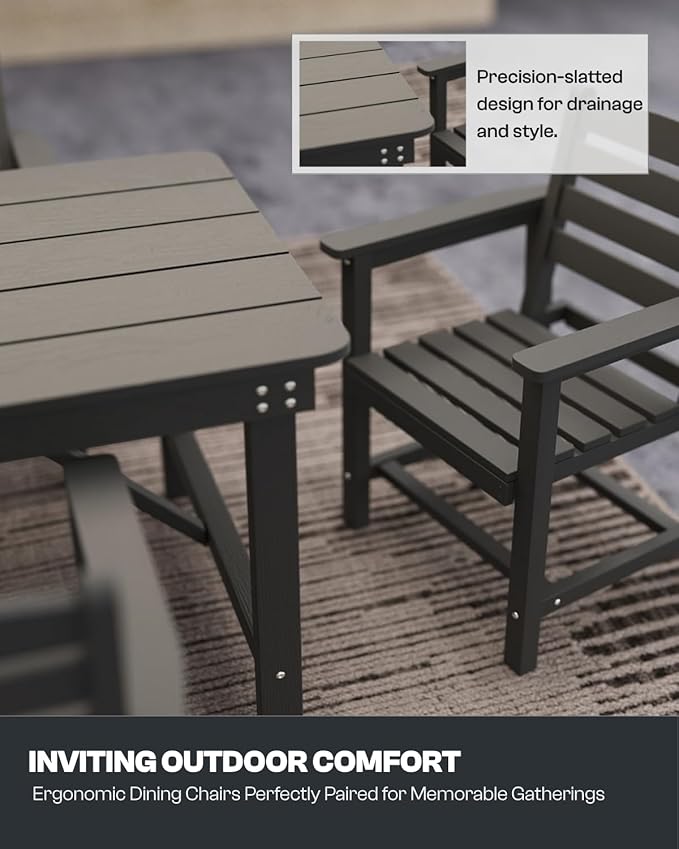 7-Piece Black HDPE Patio Table and Chairs Set, Weather Resistant Outdoor HDPE Dining Table Sets with Umbrella Hole for Lawn, Garden, Deck, Poolside, Balcony