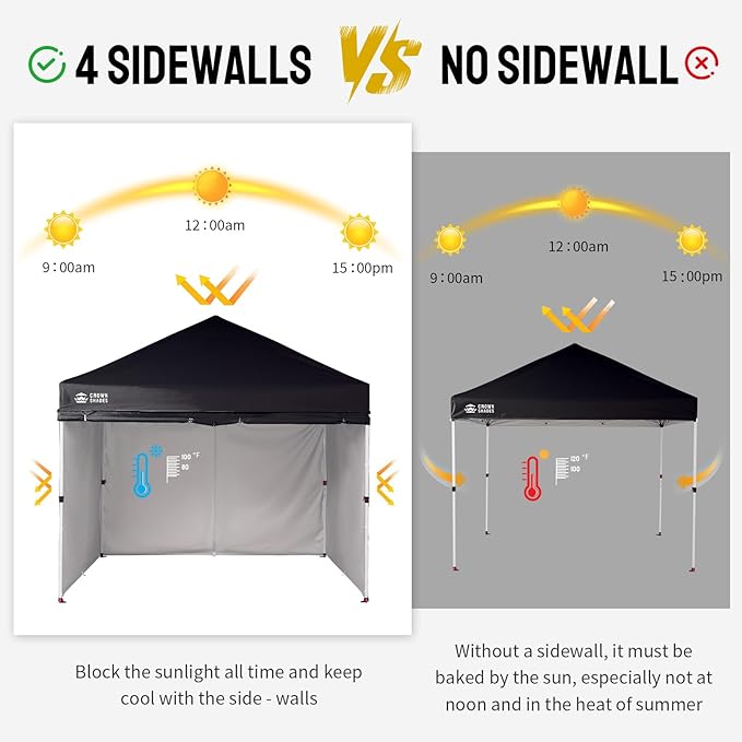 CROWN SHADES 10X10 Comercial Instant Canopy Pop Up Tent with Center Lock (10x10 with 4 Sidewalls, Black)