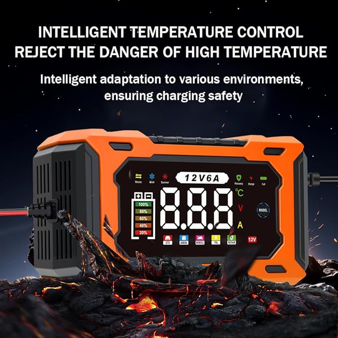 12V 6A Smart Battery Charger - Automotive Car/Motorcycle 12V Lead-Acid Battery Charger with LCD, Pulse Repair & Overcharge Protection (Orange)