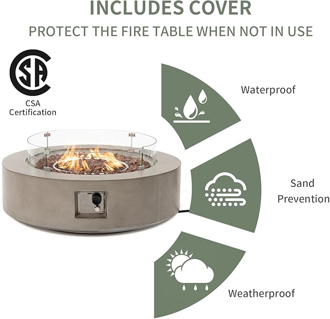 COSIEST 2-Piece Outdoor Propane Firepit Table Set w Tank Table, 42" Fire Table Certified, 50,000 BTU w Gray Round Base,Wind Guard and 16 inches Tank Side Table 20lb for Garden,Pool