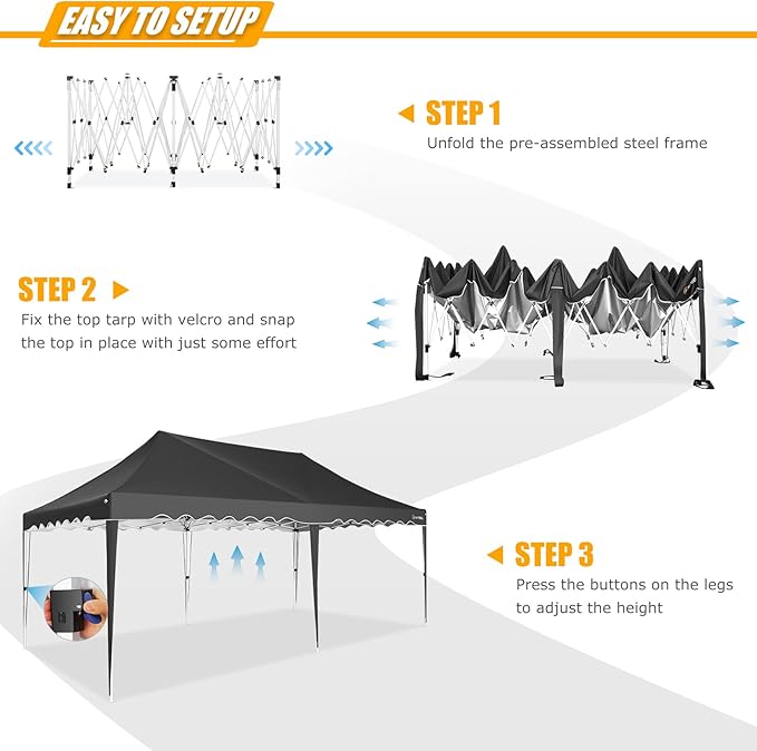 HOTEEL 10x20 Pop Up Canopy, Outdoor Easy Setup Party Tent, Waterproof Portable Enclosed Event Shelter with Wheeled Bag, Weight Bag for Backyard, Vendor, Black