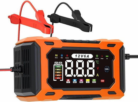 12V 6A Smart Battery Charger - Automotive Car/Motorcycle 12V Lead-Acid Battery Charger with LCD, Pulse Repair & Overcharge Protection (Orange)
