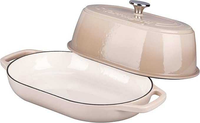 Enameled Cast Iron Dutch Oven Pot with Dome Lid, Oval Bread Oven for Homemade Sourdough Bread Baking, Oven Safe up to 500°F, 6 Quart, Latte