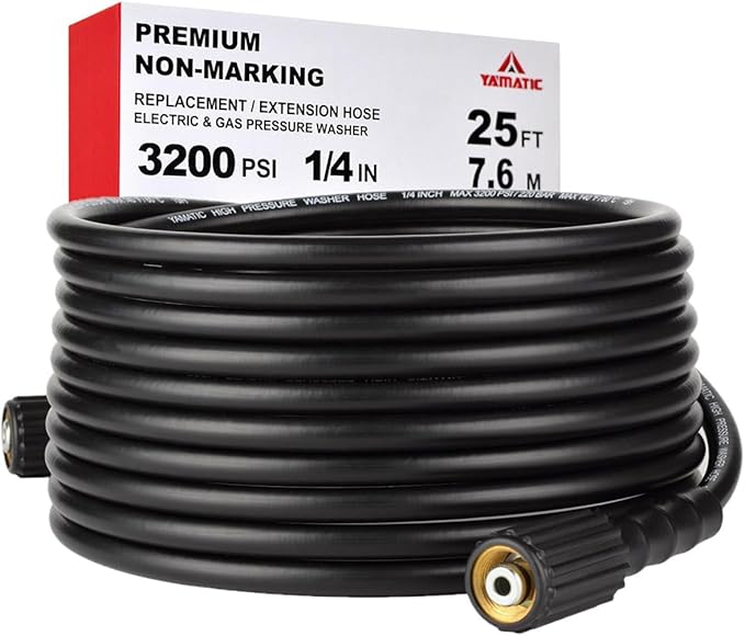 YAMATIC Pressure Washer Hose 25 FT 1/4" ID, USA Standard M22 Brass Fittings, 3200 PSI Kink-Resistant Replacement for High Power Washers