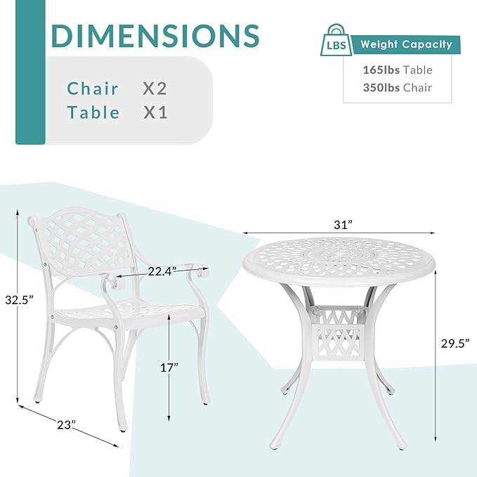 MEETWARM 3 Piece Patio Bistro Set, Outdoor All-Weather Cast Aluminum Dining Furniture Set Includes 2 Chairs and a 31” Round Table with Umbrella Hole for Garden Deck, White