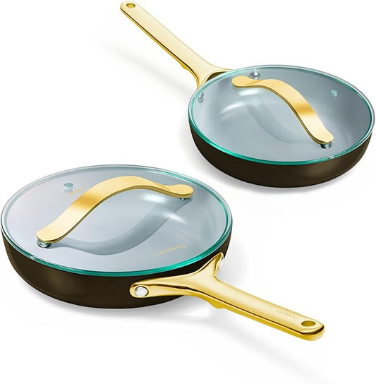 Caraway Ceramic Fry Pan Duo with Glass Lids - Non-Stick Frying Pans (10.5” & 8”) - Non Toxic, PTFE & PFOA Free - Oven Safe & Compatible with All Stovetops – Black