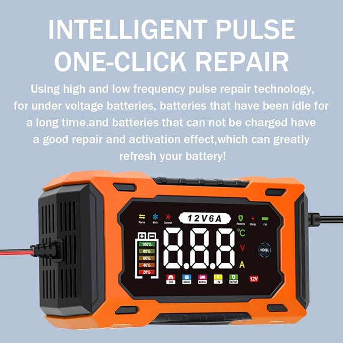 12V 6A Smart Battery Charger - Automotive Car/Motorcycle 12V Lead-Acid Battery Charger with LCD, Pulse Repair & Overcharge Protection (Orange)