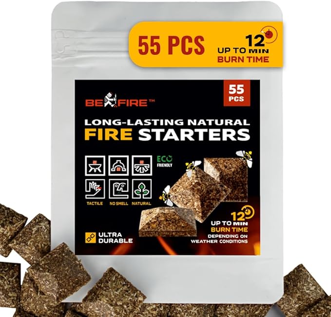 BeFire Fire Starter • 55 pcs Natural Fire Starters up to 12 Min Burn Time Firestarters for Indoor Fireplace, Campfires & Camping, Wood Stove, Grill