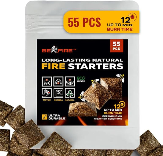 BeFire Fire Starter • 55 pcs Natural Fire Starters up to 12 Min Burn Time Firestarters for Indoor Fireplace, Campfires & Camping, Wood Stove, Grill