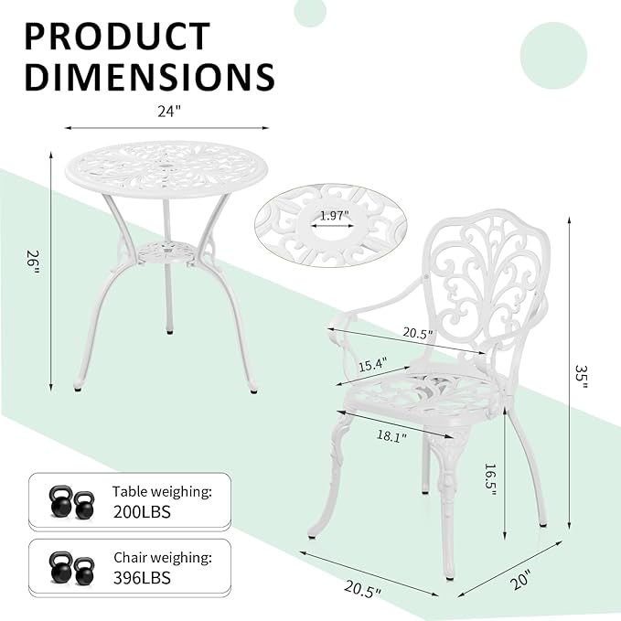 3 Piece Bistro Table Set,Outdoor Cast Aluminum Bistro Patio Table and Chair Set with 1.97" Umbrella Hole,All Weather Outdoor Dining Set for Garde,Porch,Balcony(White)