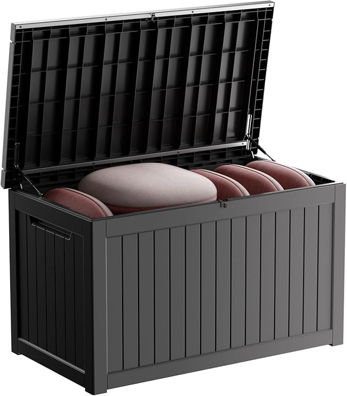 EasyUp 280 Gallon Outdoor Storage Box Waterproof, UV Resistant Resin Deck Box with Hydraulic Rod, Reinforced Stability for Patio, Garden,Striped Black