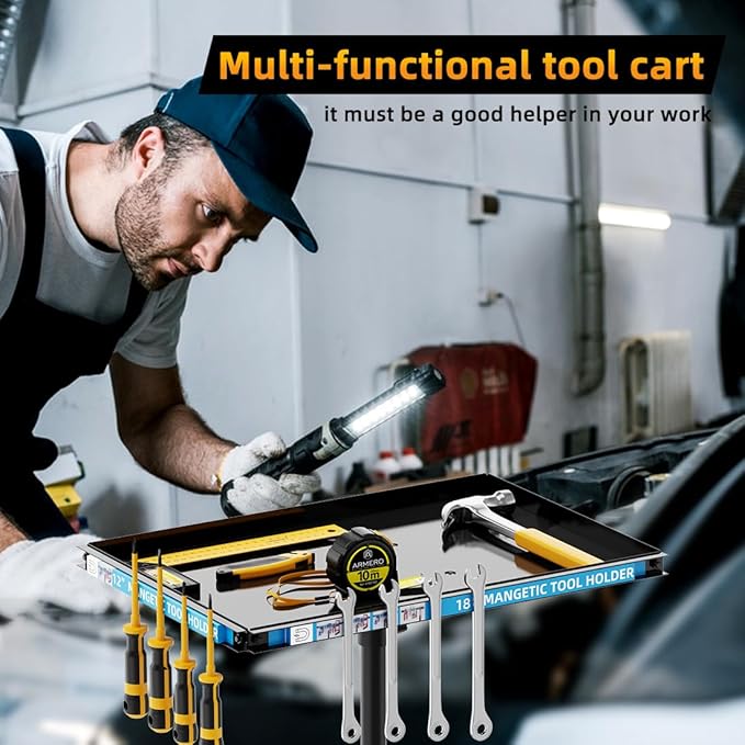 Rolling Tool Cart Adjustable Height Mechanics Tool Table with Magnetic Holders Durable Metal Tray 360° Swivel Casters Multi-Functional Tool Cart on Wheels Organizer for Garage Workshop Home Use