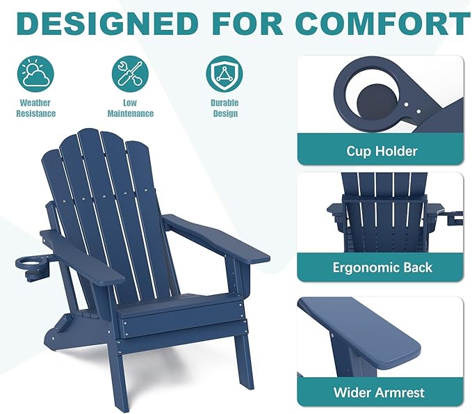 FOOWIN Adjustable Adirondack Chair, Folding Adirondack Chair with Cup Holder, HDPE All-Weather Fire Pit Chair with 3 Recline Positions, Suitable for Patio, Garden, Backyard, Poolside, Grey