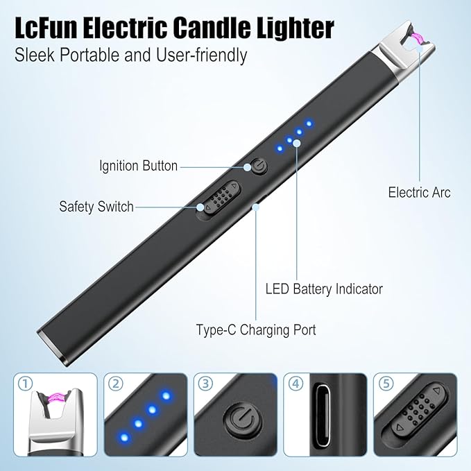 LcFun 2 Pack Candle Lighter Electric USB Rechargeable Plasma Arc Lighter with Safety Lock, Windproof Flameless Long Lighters for Candle, Grill, BBQ, Camping, Gas Stoves (Black, Rose Gold)