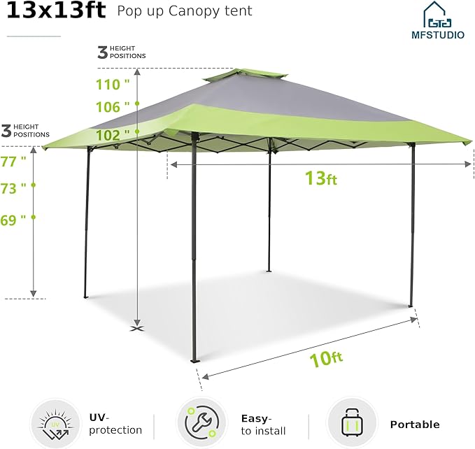 MFSTUDIO 13x13 Outdoor Pop Up Canopy Tent,Easy Set-up Straight Leg Folding Instant Shelter for Beach,Party and Camping, 169 Sq. Ft of Shade,Green
