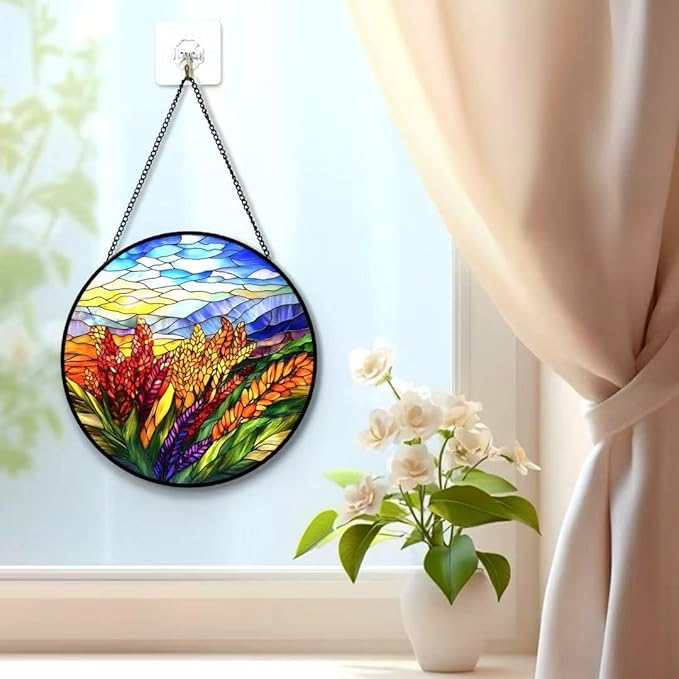 Stained Glass Window Hanging - The Season of Golden Wheat Harvest Suncatcher fof Garden Home Decor for Women Mon Grandma Friends