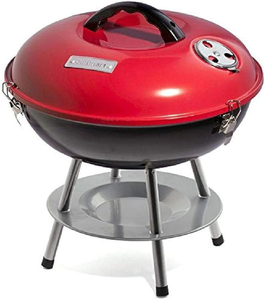 Cuisinart 14" Portable Charcoal Grill, Tabletop Outdoor Small Grill with Locking Lid and Dual Vents, Chrome Plated Travel Size BBQ Perfect for Camping, Tailgates, Cookouts, Red