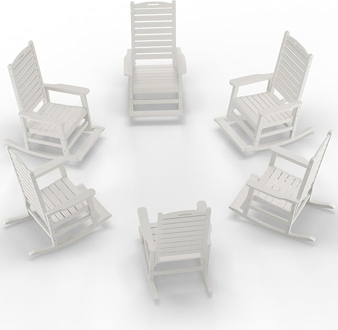 Outdoor Rocking Chair Set of 6 with Removable Footboard for Adults, HDPE High Back Patio Rocking Chairs, 330lbs All Weather Porch Rocking Chairs for Outdoor & Indoor -White